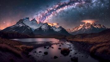 ai generado torres del paine montañas, Patagonia, Chile. debajo estrellado noche cielo. chileno paisaje, astral belleza. foto