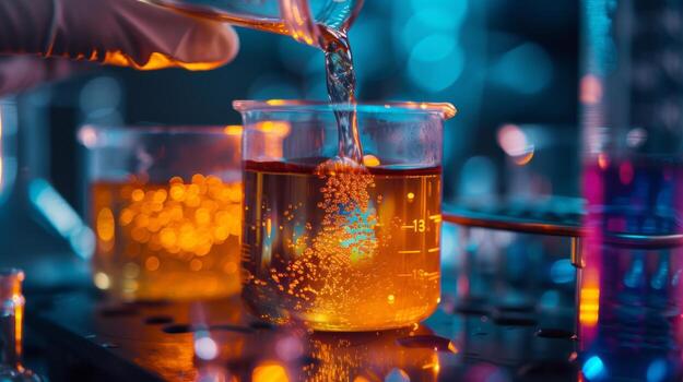 AI generated a scientist's hands pouring a glowing, vibrant chemical from one beaker to another, with detailed reflections on the glass and precise droplets in mid-air, photo