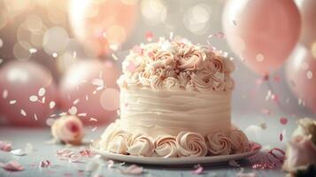 AI generated Birthday cake with pink roses and confetti on a white background photo