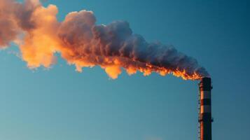 AI generated the top of a smokestack, where dense smoke is being expelled into the clear blue sky photo