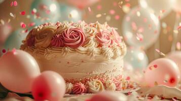 AI generated Birthday cake with roses and balloons on blurred background, closeup photo