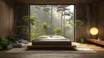 AI generated A minimalist bedroom designed with simplicity and tranquility in mind photo