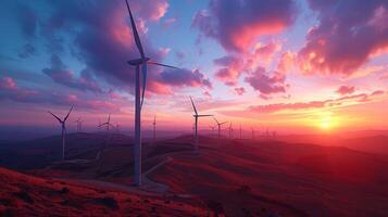 AI generated A sleek wind farm at sunrise, where towering wind turbines stand majestically over a serene landscape photo