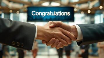 AI generated Close-up of two business people shaking hands against the backdrop of a bustling office, with a bright Congratulations message on a digital screen behind them photo