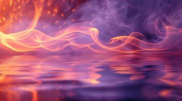 AI generated Rich purple and fiery orange smoke, swirling in a dance over a glassy lake, the late afternoon light casting dynamic, sparkling reflections that accentuate the smoke's fluid movement photo