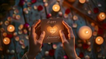 AI generated Hands exchanging a delicate, handmade anniversary card, the words Happy Anniversary visible in elegant script photo