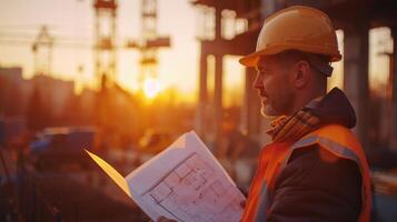 AI generated Engineer in hard hat examining blueprints at a construction site, with cranes and machinery in the background, close-up on the detailed plans photo