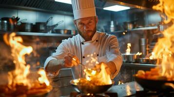 ai generado cocinero saboreo un salsa desde un inoxidable acero cuchara, expresión de crítico evaluación, dinámica cocina ambiente, llamas desde Cocinando estaciones en el antecedentes foto