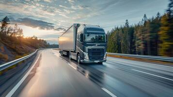 AI generated a modern truck speeding along a highway, the sleek design and advanced technology of the truck photo