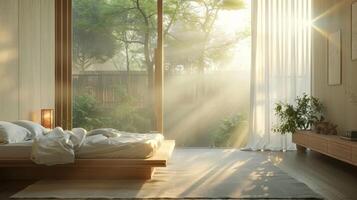 AI generated A minimalist bedroom bathed in the soft glow of clean morning light streaming through a large window photo