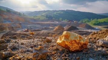 AI generated a picturesque view of a gold nugget lying in its natural state on the soil within a gold mine, photo