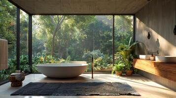 AI generated A modern bathroom featuring an elegant freestanding bathtub positioned near a floor-to-ceiling glass wall that overlooks a secluded forest. photo