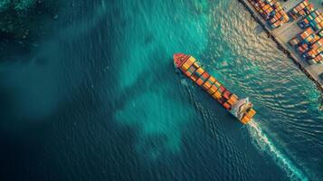 AI generated Aerial view of a container cargo ship navigating through turquoise waters, heading towards a densely packed port, clear sky above, photo