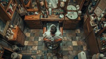 AI generated an elevated shot capturing a barber at work, leaning over to ensure the perfect cut, photo