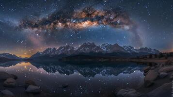 ai generado lechoso camino galaxia arqueo terminado un sereno montaña lago, reflexión de incontable estrellas reluciente en el agua superficie, el noche cielo iluminado arriba con el resplandor de distante galaxias foto