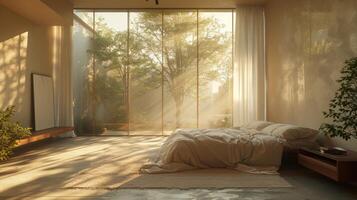 AI generated A minimalist bedroom bathed in the soft glow of clean morning light streaming through a large window photo