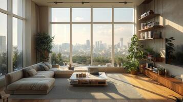 AI generated Modern living room with a large window overlooking a cityscape, a coffee table with a laptop open to an online store, freshly delivered packages by the door, photo