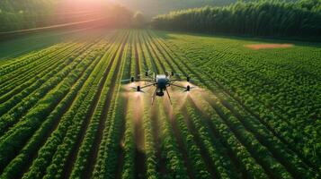 AI generated Aerial view of a pesticide spraying drone in operation over a green crop field, with farmers monitoring progress from the ground photo