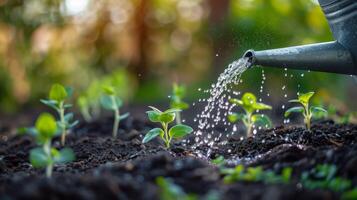 AI generated A detailed close-up of a watering can, sprinkling water over soil from which coins and young trees are sprouting, under the watchful gaze of a financial planner. photo