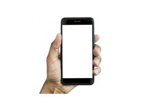 AI generated Left hand of a white man holding a black mobile phone and a white screen at a isolate background photo
