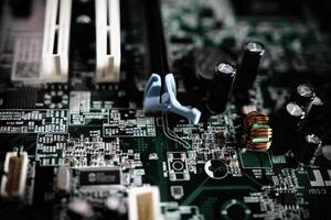 Comptuer processor and motherboard, microchip details close view. Hi-tech innovation background photo