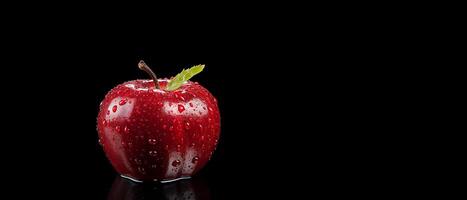 AI generated Red Apple with Water Drops on Black Background with Copy Space. Health and Nutrition Concept. photo