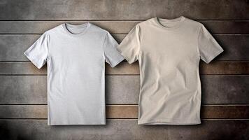 AI generated T-shirt Mockup on Wooden Background. Casual Style, Customizable Design, Fashion Essential, Urban Wear. photo