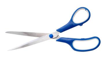 Top view of multipurpose scissors with blue handle isolated on white background with clipping path photo