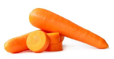 Front view of beautiful orange carrots with slices in stack isolated on white background with clipping path photo