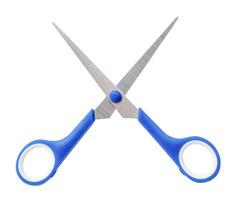 Top view of small multipurpose scissors with blue handle isolated on white background with clipping path. A pair of scissors photo