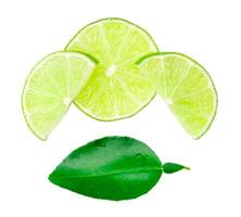 Top view set of fresh green lemon slices in stack with leaf isolated on white background with clipping path photo