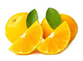 Front view of fresh shogun or tangerine mandarin orange fruits with slices or quarters and green leaves isolated on white background with clipping path photo