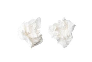 Top view set of screwed or crumpled tissue paper or napkin in strange shape after use in toilet or restroom isolated on white background with clipping path photo