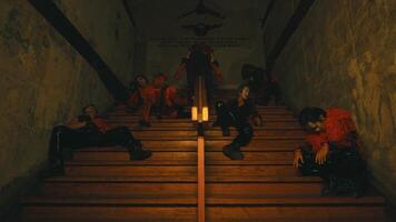 a group of clowns with creepy makeup sitting and posing on an old staircase in a haunted building video