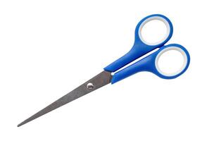 Top view of small multipurpose scissors with blue handle isolated on white background with clipping path photo