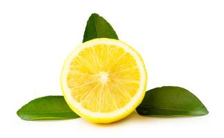 Front view of fresh yellow lemon half with leaves isolated on white background with clipping path photo