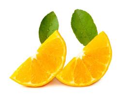 Front view of fresh shogun or tangerine mandarin orange slices or quarters and green leaves isolated on white background with clipping path photo