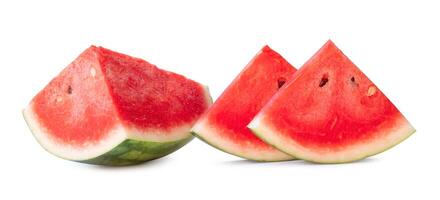 Front view of ripe red watermelon quarter and slices isolated on white background with clipping path photo