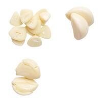 Top view set of garlic slices and pounded garlic cloves isolated on white background with clipping path photo