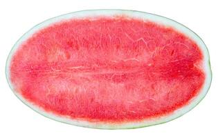 Top view and close up photo of fresh ripe red watermelon half isolated on white background with clipping path. Concept of healthy organic fruit eating