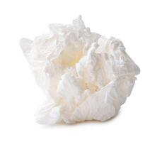 Front view of single screwed or crumpled tissue paper or napkin in strange shape after use in toilet or restroom isolated on white background with clipping path photo