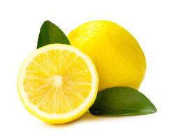 Front view and close up of fresh yellow lemon fruit with half and leaves isolated on white background with clipping path photo