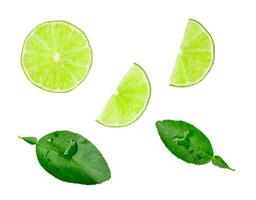 Top view set of green lemon half with slices and leaves isolated on white background with clipping path photo