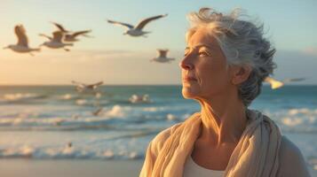 AI generated an older woman looking up at the sky with birds flying around her photo