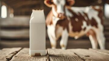 ai generado un Leche caja de cartón y un vaca en un granero foto