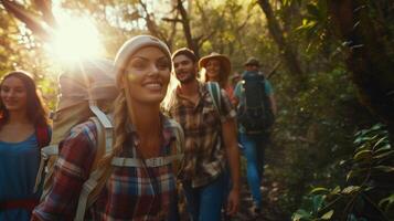 AI generated group of people walking through the woods photo