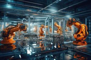 AI generated robots in an industrial factory with glass walls photo