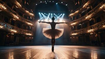 ai generado un bailarina en un salón de baile con luces foto