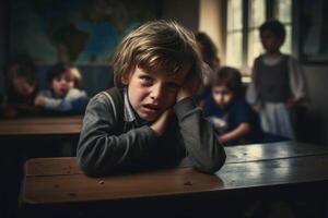 ai generado un joven chico sentado a un escritorio en frente de un salón de clases foto