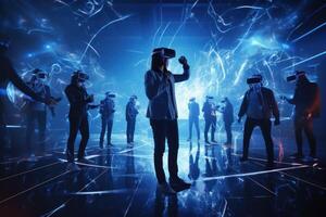 AI generated people wearing virtual reality headsets in a futuristic room photo